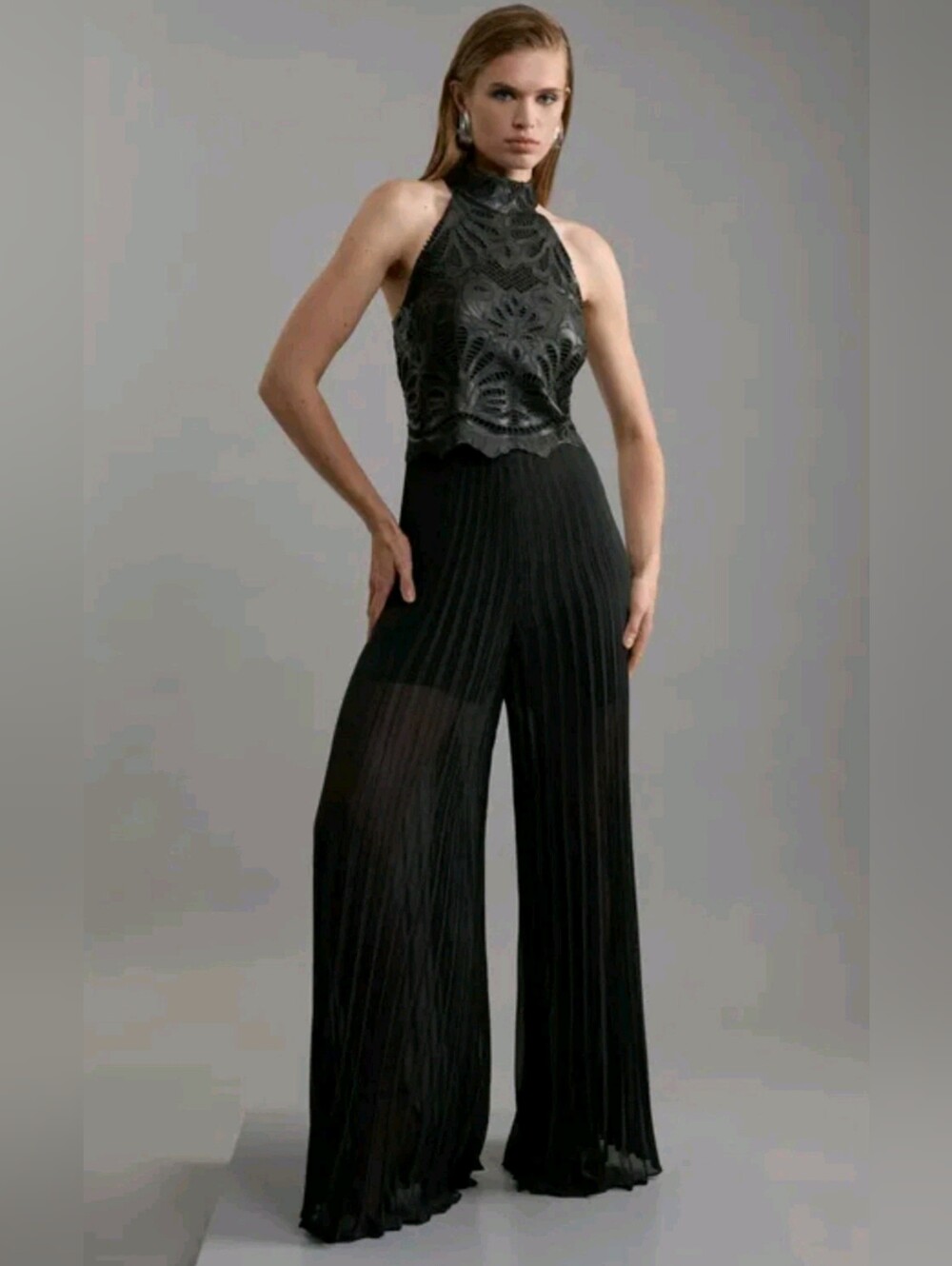 KAREN MILLEN Cutwork Halter Neck Pleated Wide Leg Jumpsuit. SIZE 8 US